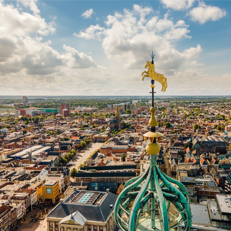 Zicht vanaf de spits van de Martinitoren met het paardje op de voorgrond en de Vismarkt in de verte